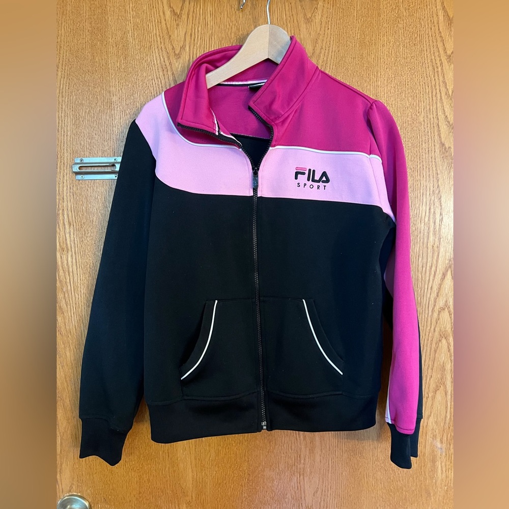 FILA athletic pink and black athletic full zip jacket size L with puff shoulder
